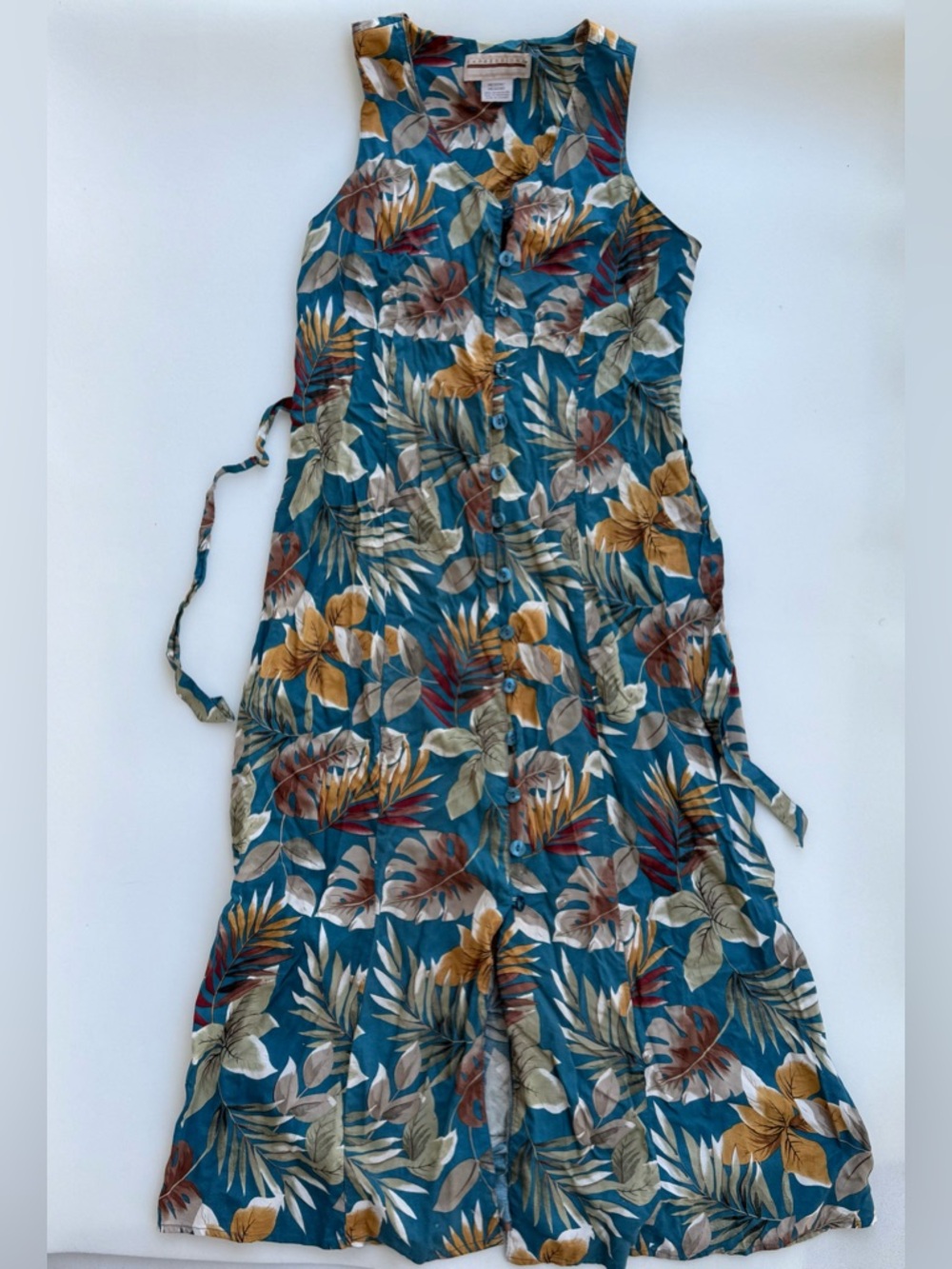 Vintage Expressions Blue Floral Spring Dress Button Down Size Medium 100% Rayon